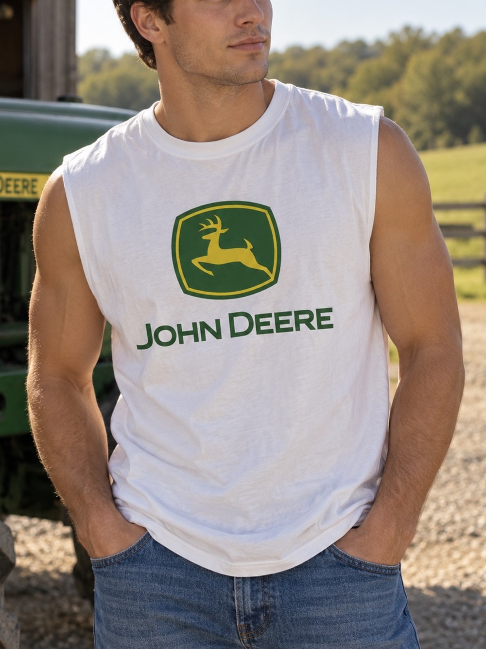 John Deere Men's XL White Sleeveless Muscle Tank Top Green Yellow Logo Western